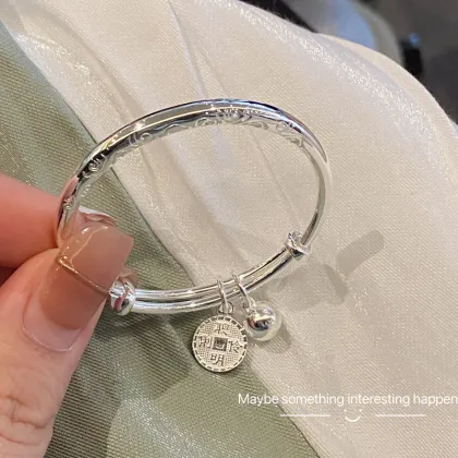 Wholesale Sterling Silver Round Stick Xiangyun Coin Bell Bracelet for Newborn Baby Gifts