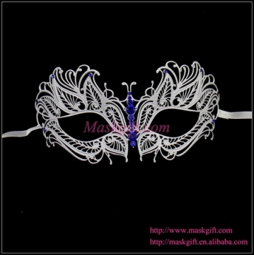 Wholesale Halloween White Metal Mask Design MC001-BLWT High Quality Venetian Luxury White Metal Mask With Blue Stones
