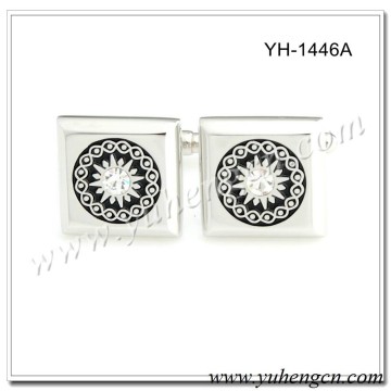YH-1446A Sqaure Clean Rhinestone Jewelry Cufflinks with Black Enemal Flower Pattern