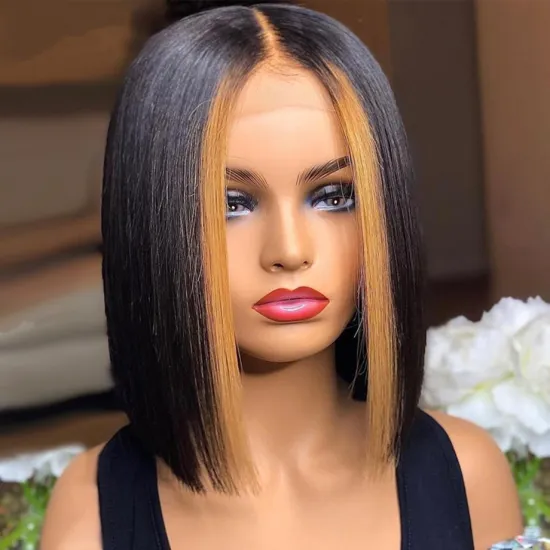 Short Bob Wig Brazilian Straight Highlight Wig Ombre Human Hair for Women Natural T Part Lace Bob Wig