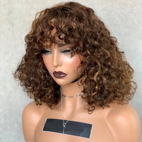 Wholesale Full Machine Made Wigs Highlight Honey #27 #30 Blonde Brown Burgundy 99J Brazilian Human Jerry Curly Wigs With Bangs