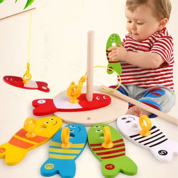 Colorful Wooden Fishing Digital Toys Baby Kids Fish Set Column Blocks Game Children Cute Early Educational Cartoon Toy