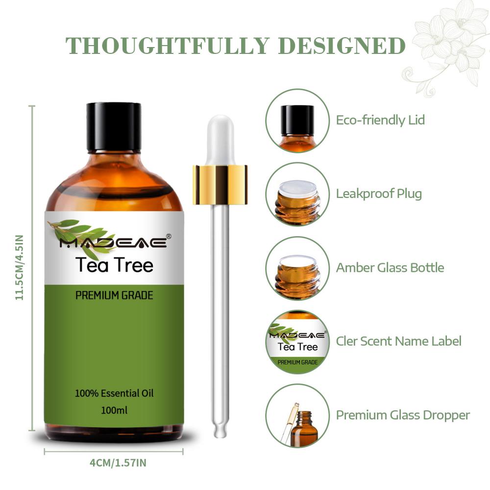 100% orgánico de naturaleza pura destilación de vapor Árbol de té Aceite esencial para la piel del cabello y las uñas aromaterapia