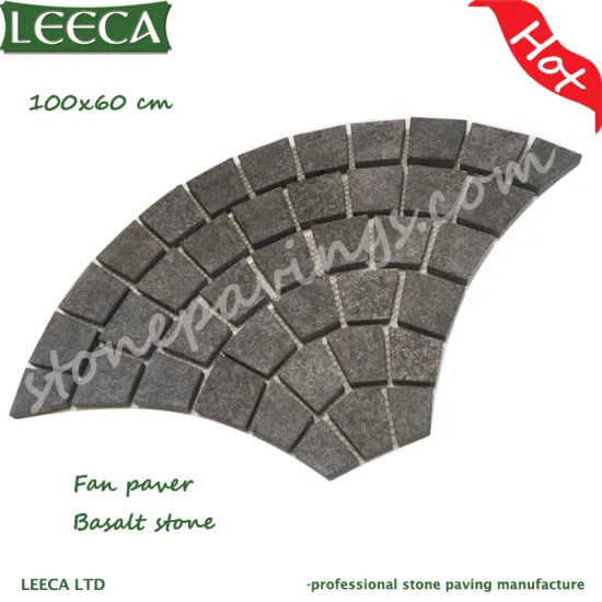 Black basalt cobblestone european fan pavers on mesh