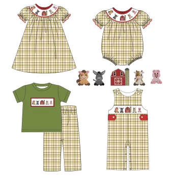 Farm Embroidered Plaid Dress Outfit and Romper for Kids: Perfect Fall Sibling Matching Clothing for Boys and Girls
