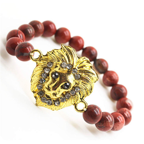 Red Jasper 8MM Round Beads Stretch Gemstone Bracelet with Diamante alloy Lion Head Piece