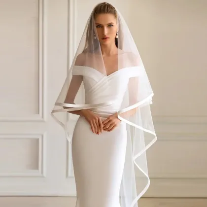 White Satin Ribbon Edge Tulle Bridal Veil with Comb