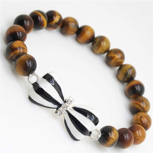 Yellow Tiger eye Gemstone Bracelet with Diamante bow tie Alloy Piece