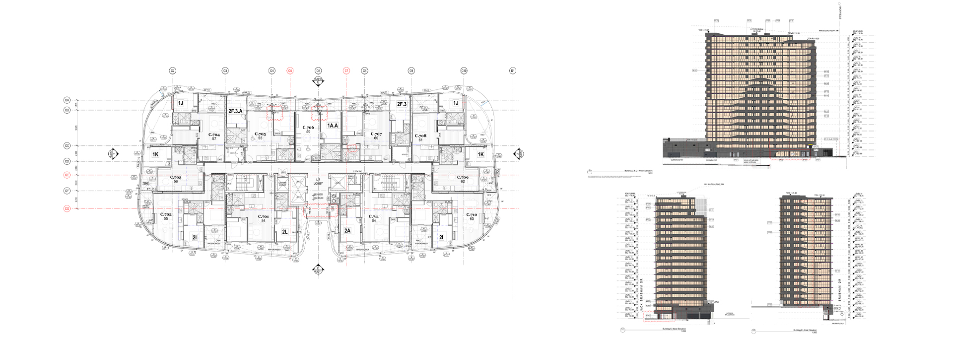 Planos de projeto e elevações para o projeto residencial de arranha-céus UO-3148 Sydney