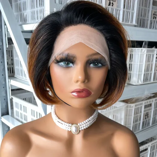 cheap straight ombre brown packaging pixie cut closure with highlights bob headband black women front Full lace human hair wigs
