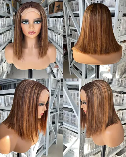 Vendor 12a Double Drawn Brown 4/27 Colored Blond Short Bob Human Wig Cuticle Aligned Mink Brazilian Human Hair hd Lace Front Wig
