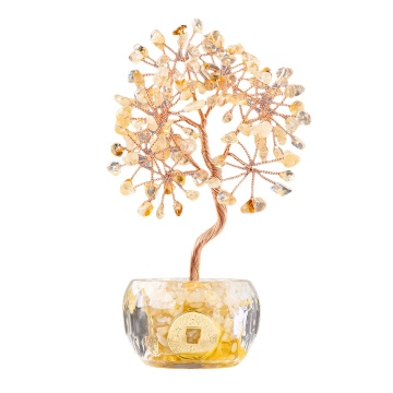 Raw Citrine Raw Stone Copper Lucky & Life Of Tree Gold Coin Crytal Base Ornament for Home Decor