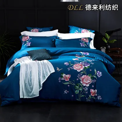 Royal Blue Floral Embroidered 4-Piece Bedding Set