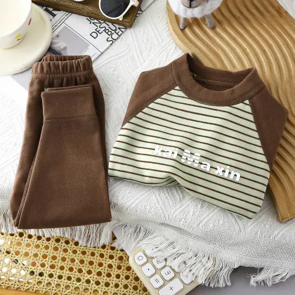 Boys' Autumn-Winter Striped Pajama Set - Family-Friendly Long Pants