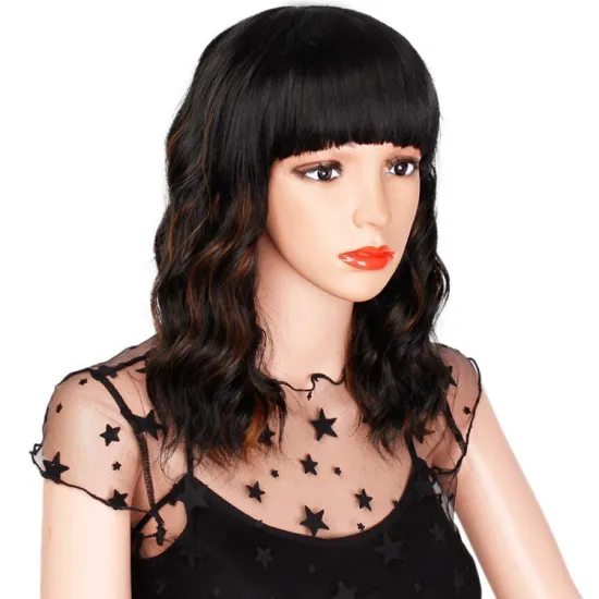 Vigorous Hot Selling Cheap Middle Long With Neat Bangs Mixed Brown Heat Resistant Fiber For Black Women Synthetic Hair Wigs