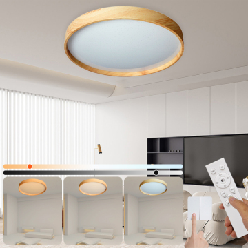 Modern Dimmable LED Ceiling Light - Wooden Flush Mount Acrylic Round Remote Control Luz De Techo