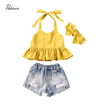 2020 Baby Summer Clothing Infant Kids 1-6T Baby Girls Shirt Dress Top Denim Ripped Shorts 2Pcs Set