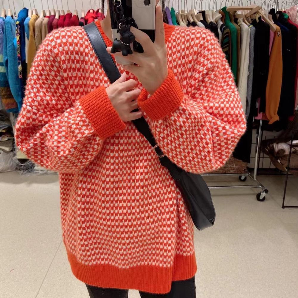 Orange checked cashmere knit coat