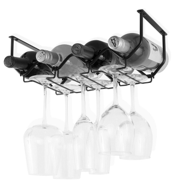 Black Metal Under Cabinet Wine Rack & Glass Holder - 4 Bottle Kitchen Organizer