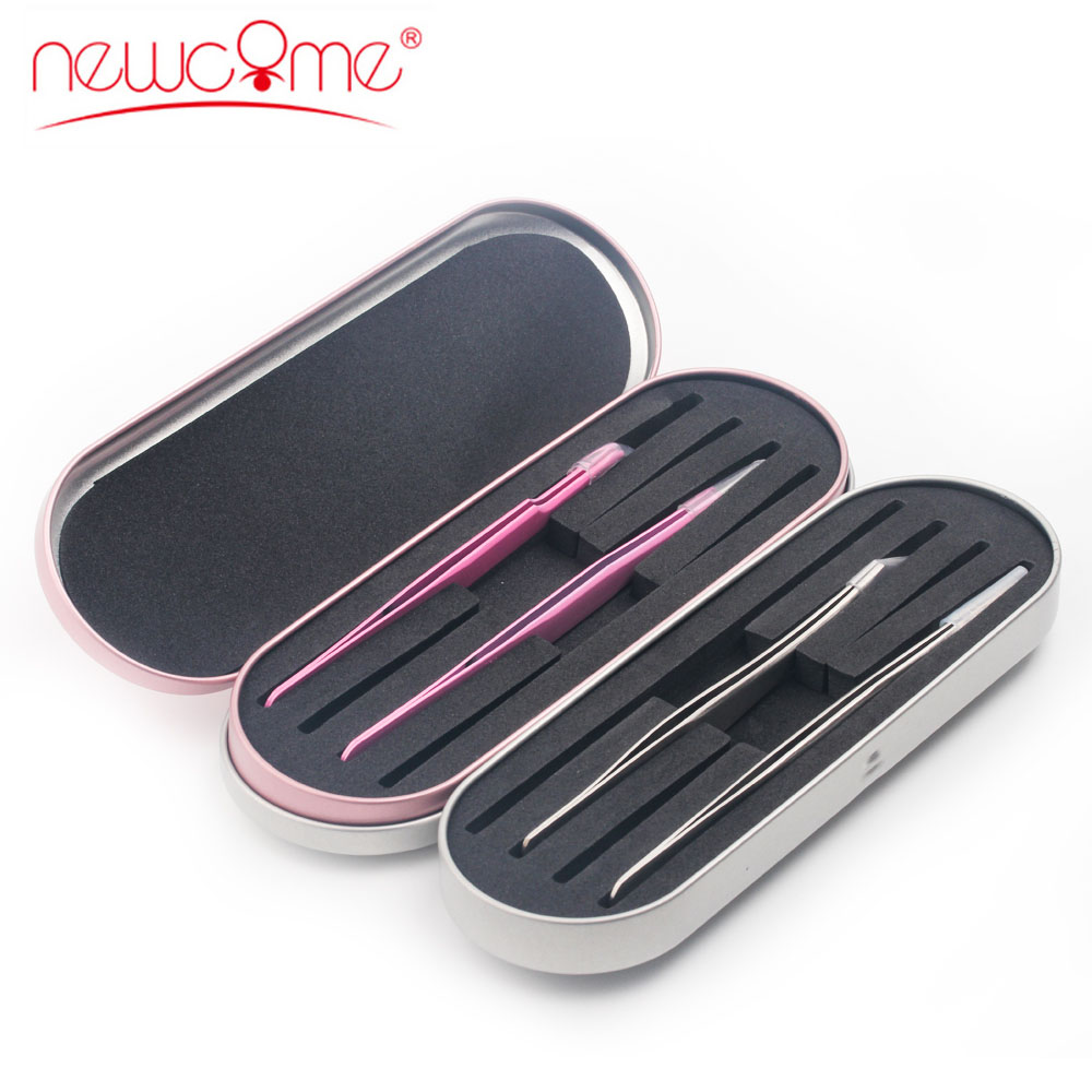 NEWCOME Eyelashes Extension 2 PCS Tweezers and Tweezers Storage Box Pink&Silver Suit Box Grafting Eye Lashes Beauty Makeup Tools