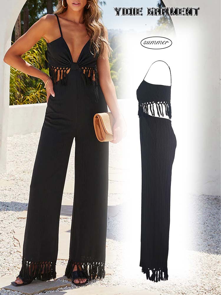 Black Tassel franjes openen wijd been jumpsuit