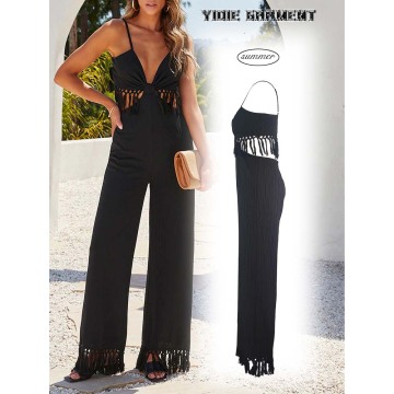 Black Tassel Fringes Open Back Wide Leg Jumpsuit