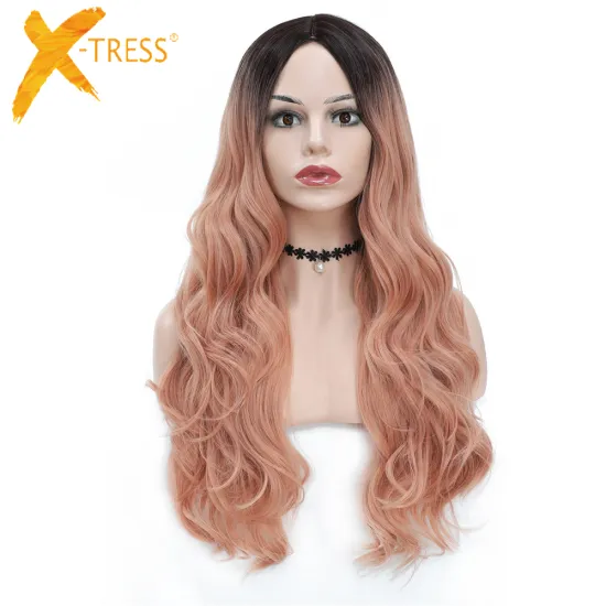 X-TRESS New Fashion Ombre Light Pink Synthetic Hair Wig  Long Wavy Mink  Machine Made Wigs For Women Factory Direct Hair Vendors