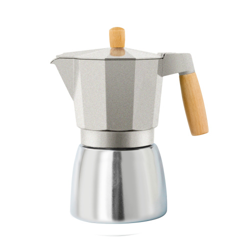 Diseño de cafetera de aluminio y acero inoxidable.