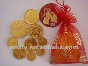 Gold coin chocolate candy in net bag