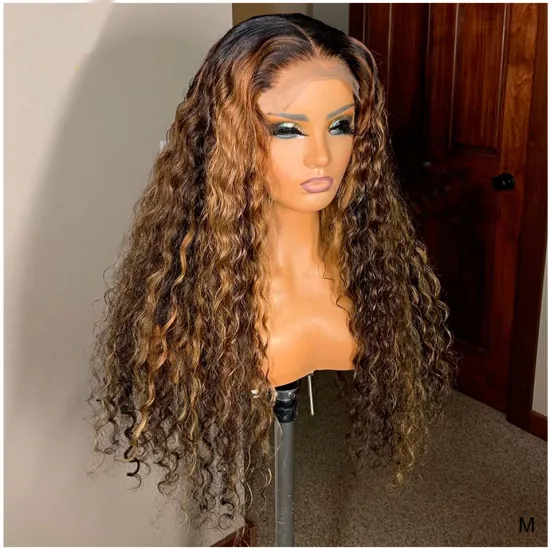 Highlight Color and Natural Color 150 Density Water Wavy Lace Frontal Wig, Brazilian Virgin Human Hair  Lace Front  Wigs