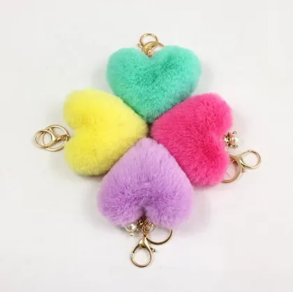Fluffy Fur Pompom Keychain Soft Solid Color Heart Shape Pompom Faux Rabbit Fur Ball Car Handbag Key Ring Gift Accessories