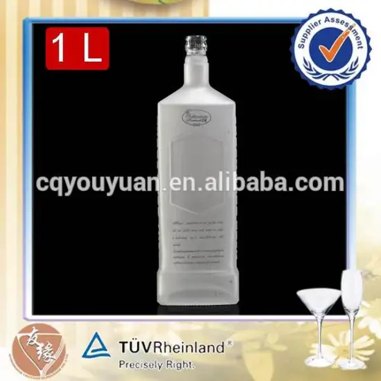 Heavy weight white frosting vodka spirits flat rectangular glass liquor bottle