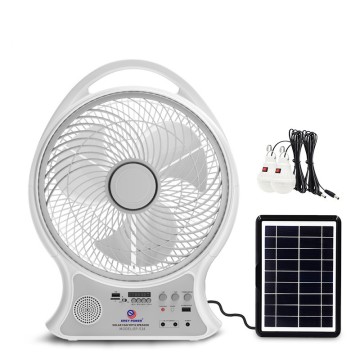 Rechargeable Solar-Powered Table Fan with Gears, Pedestal Stand, Polysilicon Panel, FM Radio, AC/DC Light for Outdoor Activities