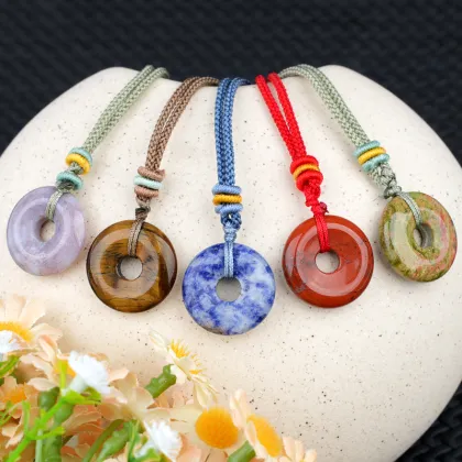 20MM Round Donut Pendant Woven Necklace With Colorful Rope Natural Crystal Circle Donut Pendant Charm Adjustable Choker Necklace