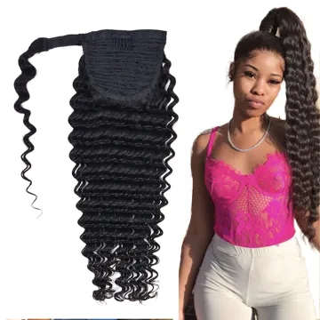 Wrap Around Deep Wave Virgin Brazilian Remy Human Hair Ponytails Extensions