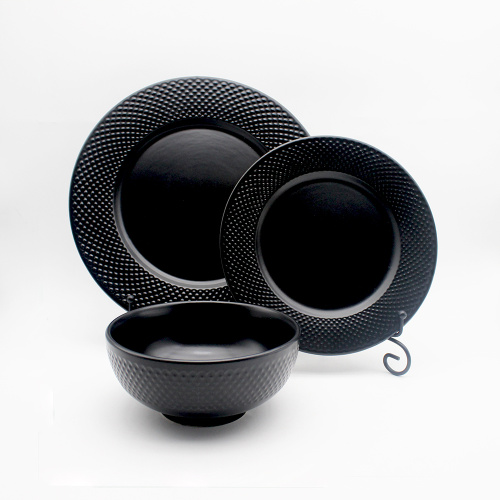 Crockery Ceramic Dinterware Plates Bowl Black 엠보싱