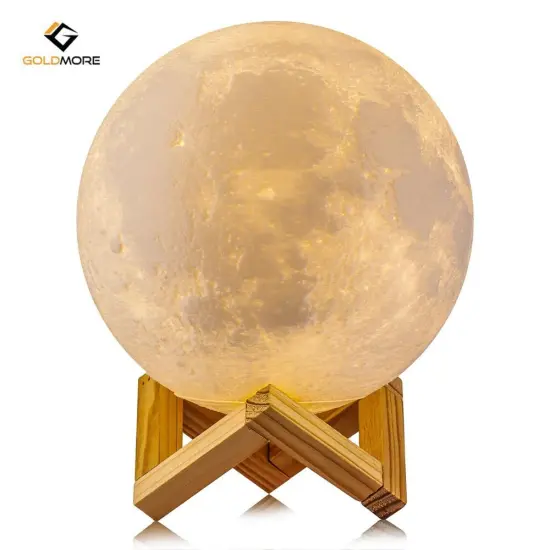 Goldmore 3D Printing Moon Light - Rechargeable Lunar Night Light with Wooden Stand, 5.9 Inch Diameter