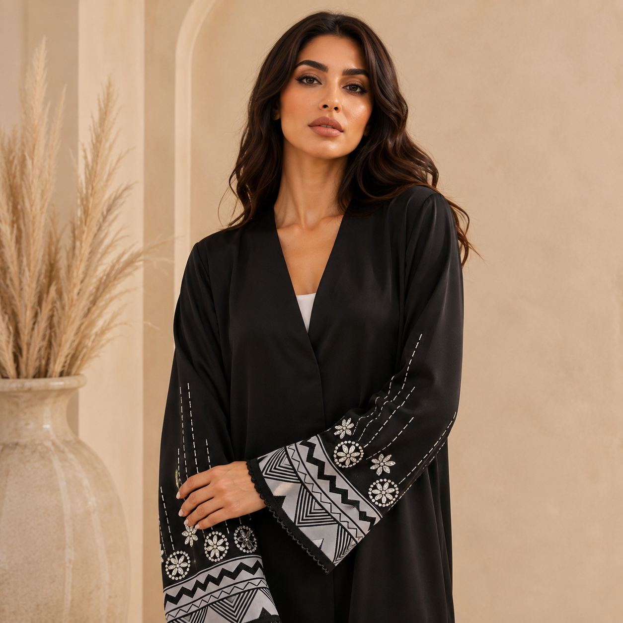 Beaded detail view of Eid Muslim Print Kimono Abaya for Women