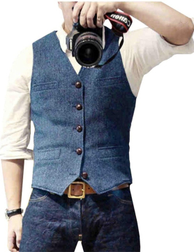 Mens Classic Herringbone Wool Blend V Neck Slim Fit Waistcoat