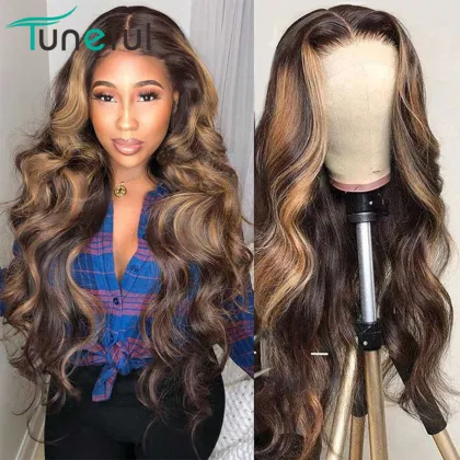 13x4 Pre Plucked Straight Brown and Blonde Highlight Human Hair Wig Blonde Highlighted Wigs Blonde Highlight Wig Lace Front