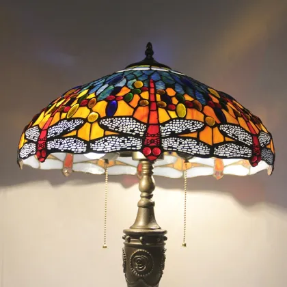 LongHuiJing Brand 18 Inch Antique Vintage Dragonfly Stained Glass Lampshade Desk Light