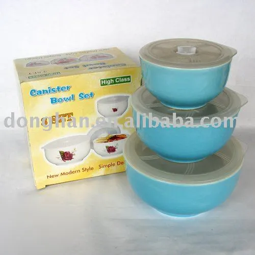 3pcs blue Ceramic Bowl with lid for promation,