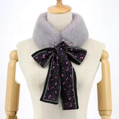 Winter Leopard Printed Streamers Silk Scarf Women Soft Faux Rabbit Fur Collar Scarves Shawls Elegant Fashion Women Scarf
