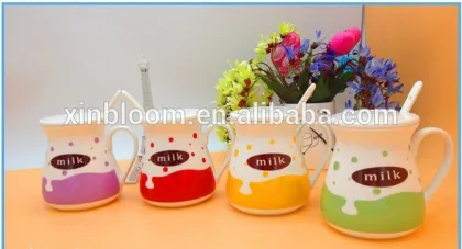 summer new simple lovely cartoon ceramic milk mug with porcelain spoon and lid