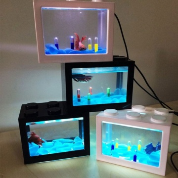 USB mini Fighting fish box aquarium LED transparent acrylic fish tank office desktop decoration Creative build blocks stacked