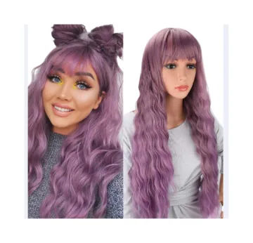 Cosplay wig long Loose Body Wave purple hair with neat Bang Natural Fluffy Wavy Non lace Synthetic hair Wigs for black women