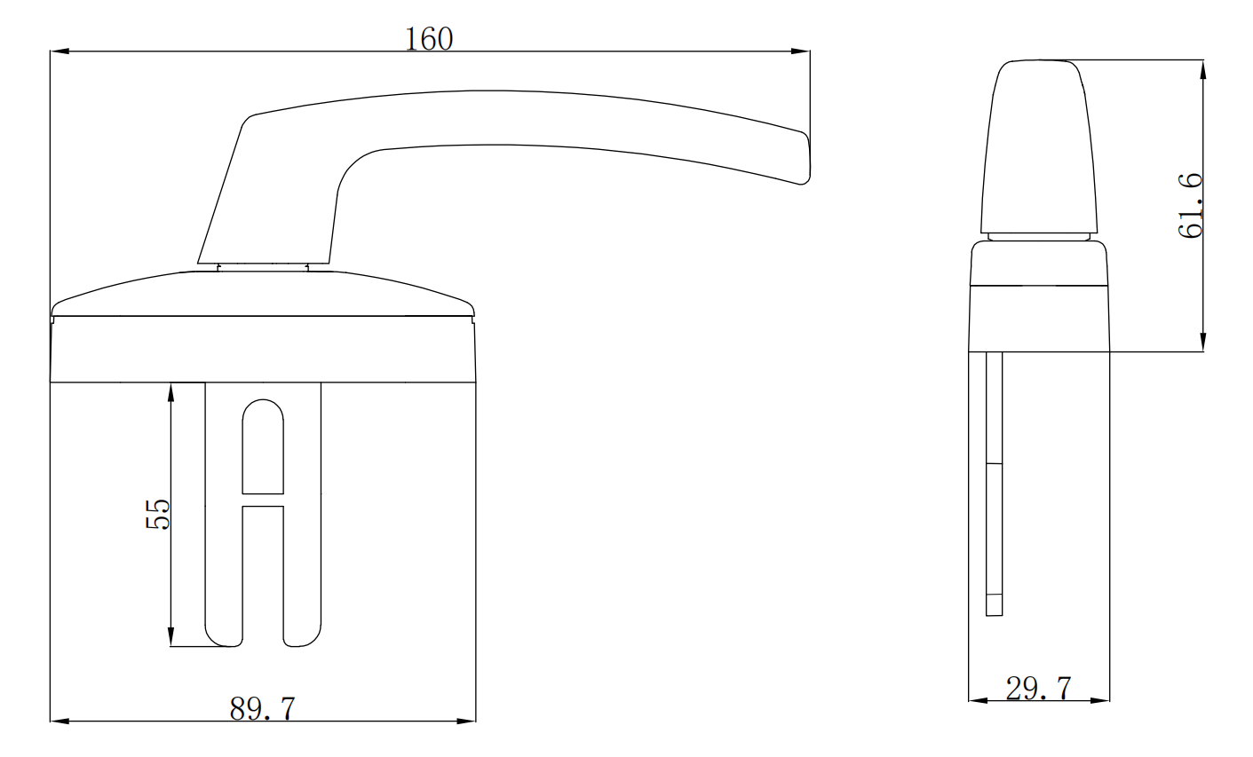 BC313 curved aluminum casement window handle technical drawing with lever and base dimensions