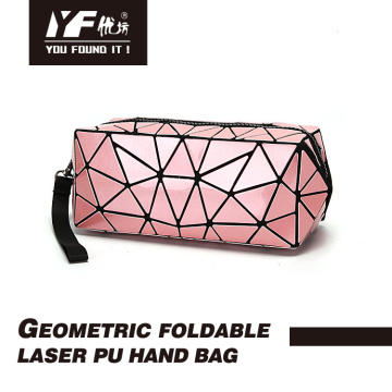 Geometrik tasarım lazer pembe PU el çantası