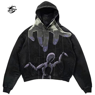OEM Acid Washed Hoodie with Puff Print - Custom Heavyweight Full Zip Up Hoodie for Men
