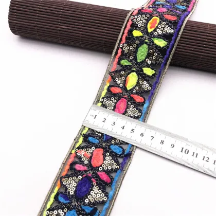 Sparkle Colorful Sequin Fabric, Brushy Space Dye Thread, Embroidery Floral Polyester Trimming for Garments and Clothing